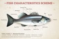 Fish scheme infographics with glossy sea bass and inscriptions on old paper background vector illustration