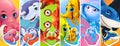 Fish and sea animals. Shark, octopus, jellyfish, crab, narwhal. Cartoon character 3d vector set Royalty Free Stock Photo