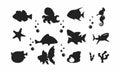 Fish sea animals silhouette vector set bundle, element, template of starfish, koi, seahorse, octopus, shark editable Royalty Free Stock Photo