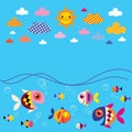 Fish, sea, clouds, sun summer background Royalty Free Stock Photo