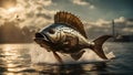 fish in the sea A dynamic scene of a steampunk mahi-mahi fish,