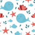 Fish sea seamless pattern. Cute whales fish star coral sea seamless background Funny kids fabric cloth design