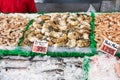 fish and seafood on the counter of the Seafood Market in Washington. A variety of freshly caught fish and shrimp lies on the ice Royalty Free Stock Photo