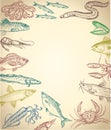 Fish and seafood frame, hand drawn graphic illustration with empty space for text