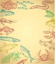 Fish and seafood frame, hand drawn graphic illustration with empty space for text