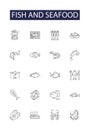 Fish and seafood line vector icons and signs. Seafood, Salmon, Cod, Trout, Halibut, Tuna, Shrimp, Crab outline vector Royalty Free Stock Photo