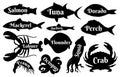 Fish and seafood silhouettes for vintage logo or label icons. Ocean salmon, tuna, dorado and lobster, prawn and squid. Sea food