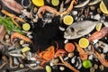 Fish and seafood variety, a flat lay overhead shot, a frame with copy space on a black background. Sea bream. shrimps, crab,