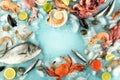 Fish and seafood variety, a flat lay top shot, a frame with a place for text