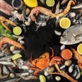 Fish and seafood variety, a square flatlay top shot, a frame with copy space on a dark background. Sea bream, shrimps