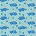 Fish seamless pattern. Cute fishes on turquoise background. Royalty Free Stock Photo
