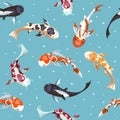 Fish seamless pattern. Gold koi pattern wallpaper design. Japanese fish illustration cover.