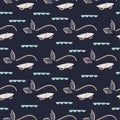 Fish seamless vector pattern. Hand drawn style dark blue fun fish background.