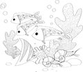 Fish, seashells, seaweed and corals drawn in line art style on white background. Royalty Free Stock Photo