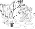 Fish, seashells, seaweed and corals drawn in line art style on white background. Royalty Free Stock Photo