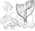 Fish, seashells, seaweed and corals drawn in line art style on white background. Royalty Free Stock Photo