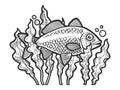 fish in seaweed algae sketch raster illustration