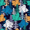 Fish and seaweed. Pattern with fish and colorful algae on a dark background.