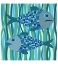 Fish, seaweed. vector drawing, cartoon style. Shades of blue and green Royalty Free Stock Photo