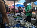 fish seller serving customers in traditional market