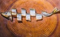 Fish series in the bazaar. Rows of dried fish of different breeds lie on the counter in the market Royalty Free Stock Photo