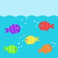 Fish set swim under water. Cute kawaii cartoon funny baby character. Marine life. Bubbles. Colorful aquarium sea ocean animals. Royalty Free Stock Photo