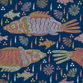 Fish and shells swim in the river. Australian Aboriginal art. Point Art. Seamless pattern. Dark version