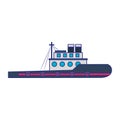 Fish ship boat sideview isolated cartoon blue lines Royalty Free Stock Photo