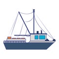 Fish ship boat sideview isolated cartoon blue lines Royalty Free Stock Photo