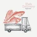 Fish shop delivery logo template. Hand drawn vector truck with fish illustration. Engraved style vintage food design Royalty Free Stock Photo