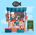 Fish shop vector kiosk street retro shop store market with freshness seafood in fridge traditional asian meal and Royalty Free Stock Photo
