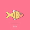 Fish sign icon in comic style. Goldfish vector cartoon illustration on isolated background. Seafood business concept splash effect
