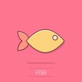 Fish sign icon in comic style. Goldfish vector cartoon illustration on isolated background. Seafood business concept splash effect