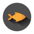 Fish sign icon in flat style. Goldfish vector illustration on black round background with long shadow. Seafood business concept