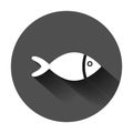 Fish sign icon in flat style. Goldfish vector illustration on black round background with long shadow. Seafood business concept