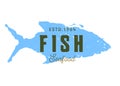 Fish silhouettede sign, vector emblem, seafood restaurant label, food market menu badge