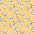 Fish silhouettes salmon, trout watercolor seamless pattern isolated on orange background. Swimming wild blue fish hand Royalty Free Stock Photo