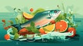 A fish sitting on top of a pile of fruit. Generative AI image.