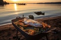 fish sizzling on a portable grill, boat anchored near shore