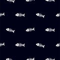 Fish skeleton black and white seamless vector pattern.