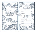 Fish sketches and anchor on restaurant menu. Food