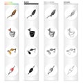 Fish on skewers, catch in a bucket, bait fishing lure, float. Fishing set collection icons in cartoon black monochrome Royalty Free Stock Photo