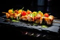 fish skewers under soft lighting on a black stone slab Royalty Free Stock Photo