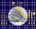 Fish with sliced lemon. Poster for Italian restaurant.