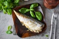 Fish snack: mackerel baked with lemon and herbs on a beautiful plate on a gray background. Royalty Free Stock Photo