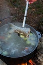 Fish soup prepared over an open fire. Royalty Free Stock Photo