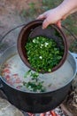 Fish soup prepared over an open fire. Royalty Free Stock Photo