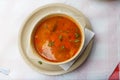 Fish soup on a table in restaurant. Top view Royalty Free Stock Photo