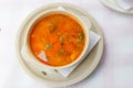 Fish soup on a table in restaurant. Top view Royalty Free Stock Photo