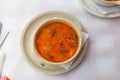 Fish soup on a table in restaurant. Top view Royalty Free Stock Photo